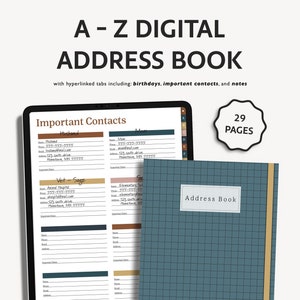 May include: A digital address book with 29 pages. The cover is blue with a grid pattern and the text "Address Book" in a white rectangle. The inside pages are shown on a tablet screen and include sections for important contacts, birthdays, and notes.
