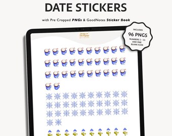 May include: A digital planner date sticker set with 96 PNGs, including numbers 1-31 and a blank icon. The stickers feature a blue mug with a candy cane and whipped cream, a blue snowflake, and a blue and green snowman.