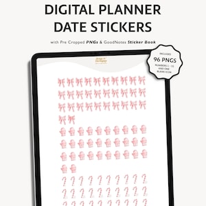 May include: Pink digital planner date stickers with 96 pre-cropped PNGs for GoodNotes. The stickers feature pink bows, mittens, and candy canes with white numbers 1-31.