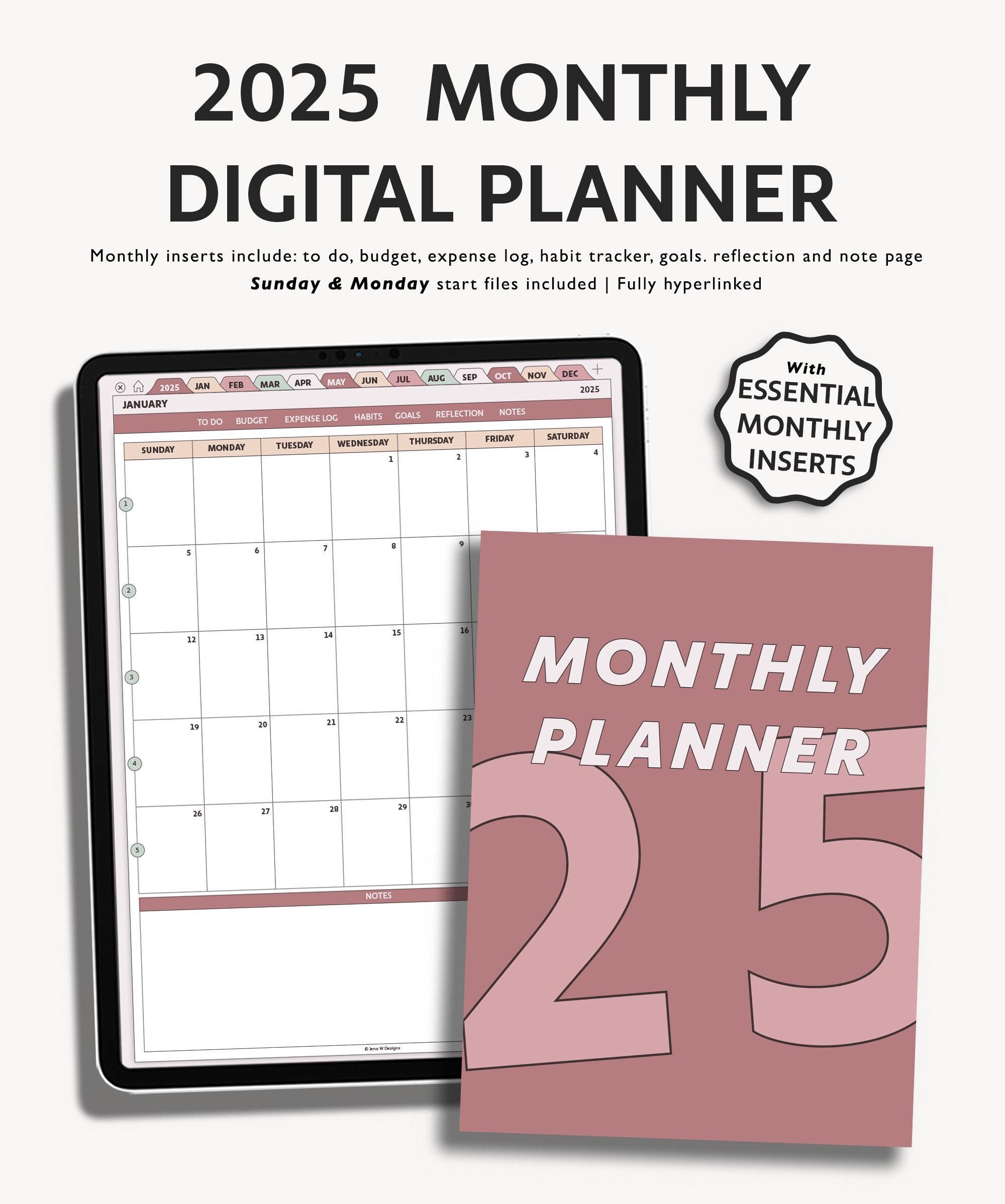 2025 datiert Digitaler Monatsplaner, Planer für iPad und Android Tablets, wesentliche Einsätze Habit Tracker und Budget Tracker