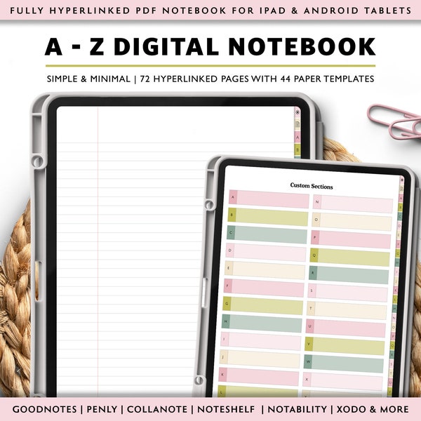 Digital Alphabet Tab Notebook, A to Z Tab Digital Notebook, Simple Digital Journal, GoodNotes Alphabet Tabs, A-Z iPad Notebook for Students