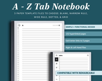A-Z Tab Notebook for Remarkable 2: Hyperlinked PDF Template