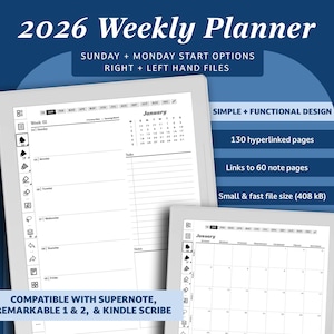 May include: A digital 2026 weekly planner displayed on two tablets. The planner features a simple and functional design with 130 hyperlinked pages and links to 60 note pages. Compatible with Supernote, Remarkable 1 & 2, and Kindle Scribe.