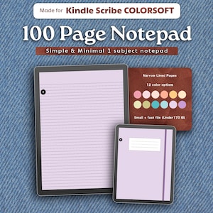 May include: A digital notepad for Kindle Scribe with 100 pages. The image shows two notepads, one large and one small, with lined pages. The notepad is available in 12 colors and is a small, fast file.