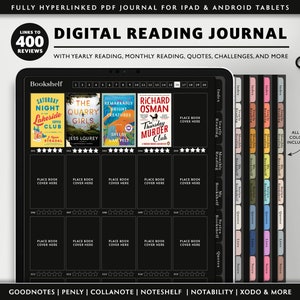 Diario di lettura digitale, modalità scura GoodNotes Book Tracker, pianificatore di recensioni di libri minimalista, diario di lettura digitale premium