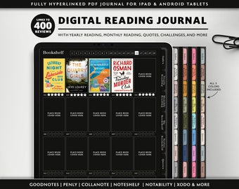 May include: A digital reading journal for iPad and Android tablets with a bookshelf interface, yearly reading, monthly reading, quotes, challenges, and more. The journal includes five different color tabs for organization. The journal is compatible with Goodnotes, Penly, Collanote, Noteshelf, Notability, Xodo, and more.