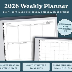 May include: A digital 2026 weekly planner with a white background and black text. The planner includes options for right and left-hand files, and Sunday and Monday start options. The planner is compatible with Remarkable 1 & 2.