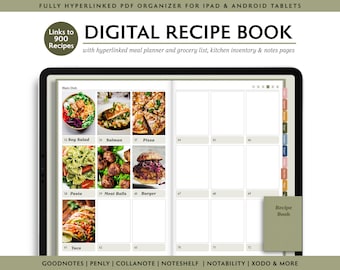 May include: A digital recipe book PDF organizer for iPad and Android tablets. The cover features a green background with the text "DIGITAL RECIPE BOOK" in white. The organizer includes links to 900 recipes, a meal planner, grocery list, kitchen inventory, and notes pages.