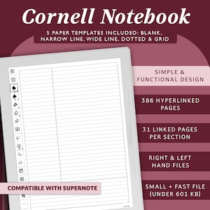 May include: A white digital notebook with a gray border, displaying a lined page with a vertical divider. The notebook is compatible with Supernote and features 386 hyperlinked pages, 31 linked pages per section, right and left hand files, and a small, fast file size under 601 KB. The text "Cornell Notebook" is displayed at the top of the image.