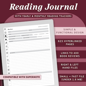 Diario di lettura digitale per Supernote, diario di lettura E-Ink, modello di recensione di libri, registro di lettura, tracker di lettura, modello per Supernote
