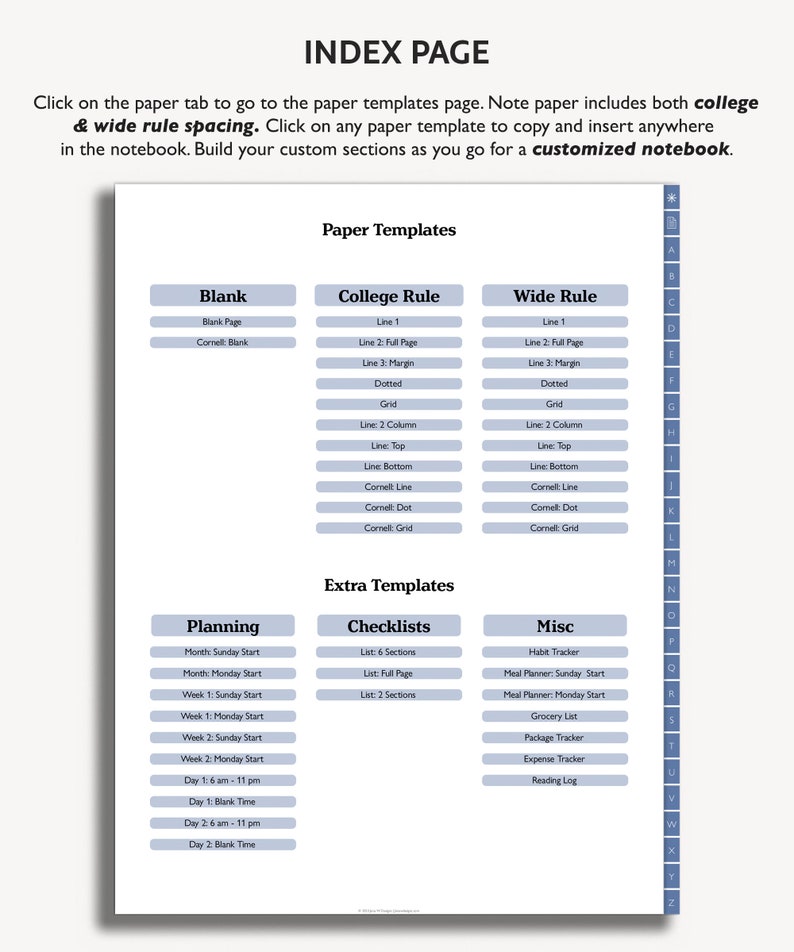 A-Z Tab Digital Notebook: Hyperlinked With 44 Templates (PDF) - Etsy