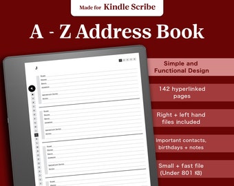 Carnet de contacts numérique pour Kindle Scribe, carnet d'adresses numérique de A à Z, annuaire téléphonique E Ink, répertoire d'adresses et de téléphones, liste de contacts hyperlien PDF