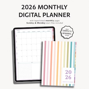 May include: A digital planner for 2026, displayed on a tablet and a notebook. The tablet shows a monthly calendar layout. The notebook features a colorful striped design with the year 2026 and the words "Monthly Planner". The text reads "2026 Monthly Digital Planner".
