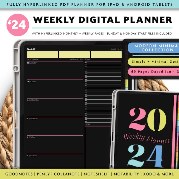 2024 Colorful GoodNotes Planner, Dark Mode Planner, Dated Digital Agenda, Minimal Digital Planner, Simple iPad Diary, Vertical Planner