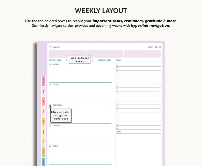Puede incluir: Dise&ntilde;o de planificador semanal con fondo lila claro. El planificador incluye secciones para tareas, recordatorios y notas. El texto en la parte superior dice "WEEKLY LAYOUT". Las flechas indican la navegaci&oacute;n entre semanas. Las fechas son del 19 al 25 de enero.