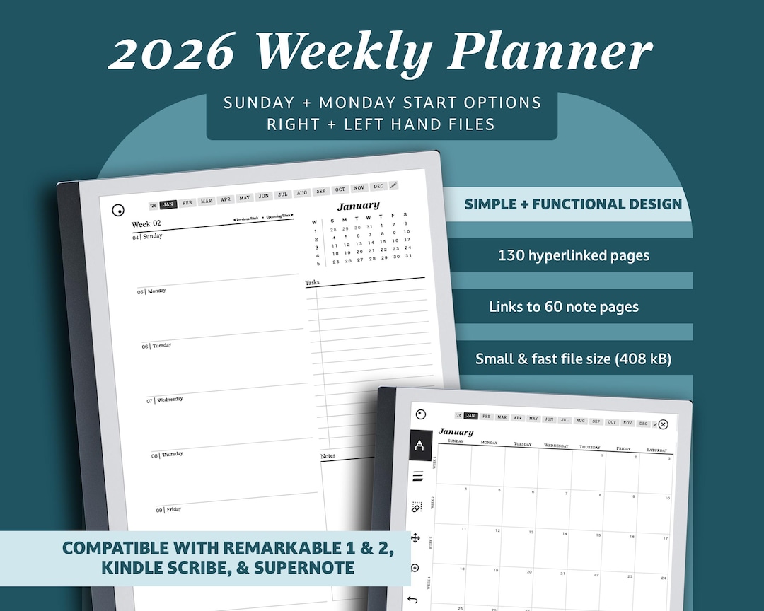 2026 Digital Planner for Remarkable 2: Hyperlinked Weekly Agenda (PDF ...