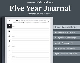 Five Year Daily Journal for Remarkable, One Line a Day Journal, 365 Daily Journal, Electronic E-ink 5 Year Journal, Gratitude Journal