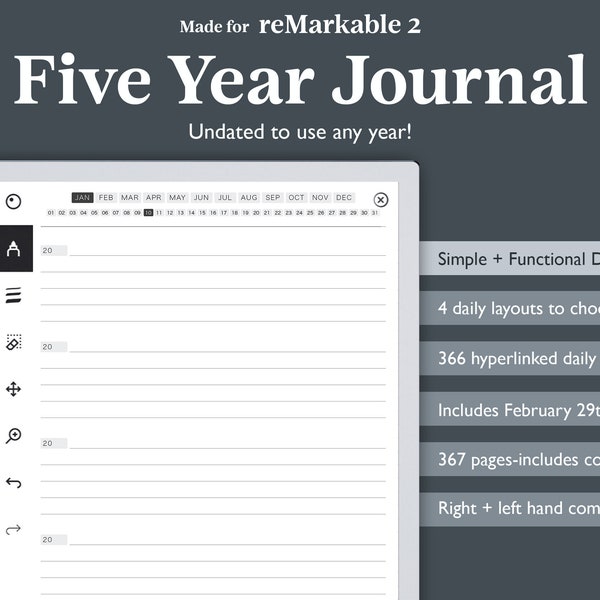 Five Year Daily Journal for Remarkable, One Line a Day Journal, 365 Daily Journal, Electronic E-ink 5 Year Journal, Gratitude Journal