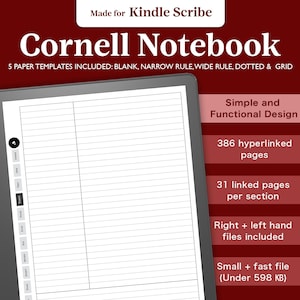 Könnte beinhalten: Ein digitales Tablet zeigt eine Cornell-Notizvorlage mit schwarzem Rand an. Die Vorlage ist in zwei Abschnitte unterteilt, einen für Notizen und einen für Schlüsselwörter. Der Text "Made for Kindle Scribe" und "Cornell Notebook" wird oben im Bild angezeigt. Der Text "Simple and Functional Design" wird rechts im Bild angezeigt. Der Text "386 verlinkte Seiten" wird unter dem Text "Simple and Functional Design" angezeigt. Der Text "31 verlinkte Seiten pro Abschnitt" wird unter dem Text "386 verlinkte Seiten" angezeigt. Der Text "Rechte + linke Handdateien enthalten" wird unter dem Text "31 verlinkte Seiten pro Abschnitt" angezeigt. Der Text "Kleine + schnelle Datei (Unter 598 KB)" wird unter dem Text "Rechte + linke Handdateien enthalten" angezeigt.