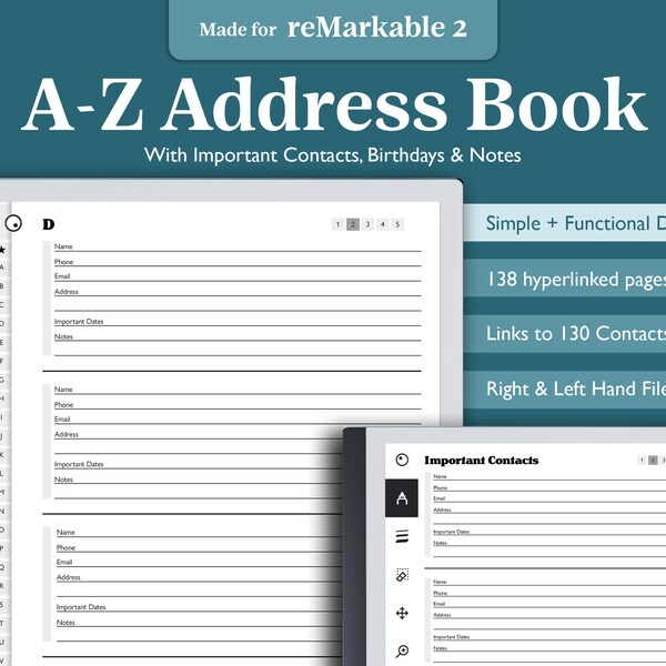 Digital Contact Book for reMarkable, A-Z Digital Address Book, Phone Book Digital, Address and Phone Book, Address Book Hyperlink PDF