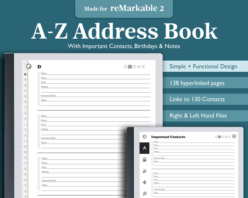 Digital Contact Book for Remarkable, AZ Digital Address Book, Phone