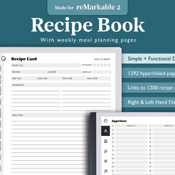 Digital Recipe Book for reMarkable, E-Ink Cookbook, reMarkable Templates, reMarkable Meal Planner