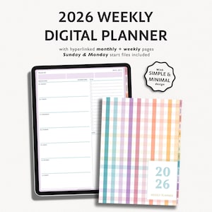 Puede incluir: Una agenda digital para 2026, mostrada en una tableta y un cuaderno impreso. La tableta muestra un diseño semanal con un encabezado de color púrpura claro. El cuaderno presenta un diseño de cuadros colorido con el año 2026 y las palabras "Weekly Planner".