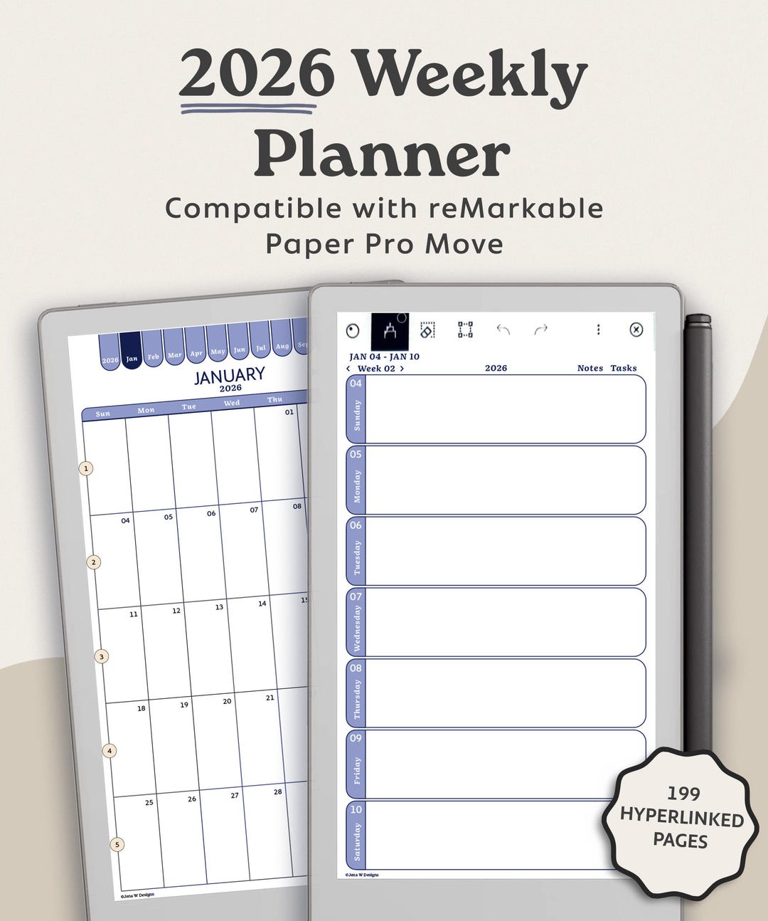2026 Weekly Monthly Digital Planner for Remarkable Paper Pro Move With ...