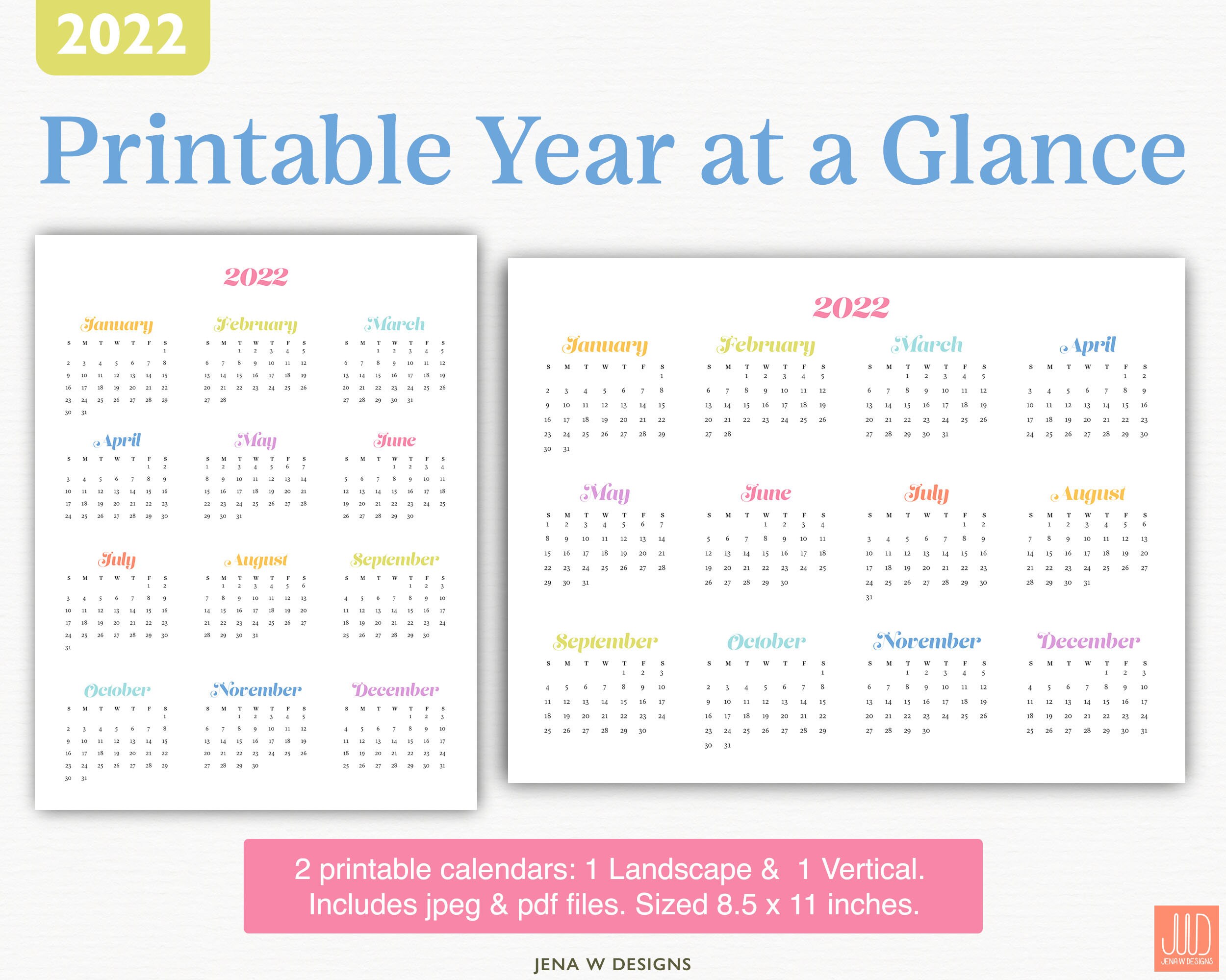2022 year at a glance printable calendar rainbow printable etsy ireland