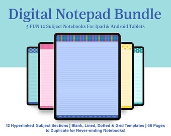 Op de afbeelding: Een bundel digitale notitieboekjes voor iPad en Android-tablets. De bundel bevat 5 verschillende notitieboekjes, elk met 12 onderwerpsecties. De notitieboekjes hebben verschillende gekleurde omslagen en gelinieerde pagina's. De tekst op de afbeelding luidt "Digital Notepad Bundle", "5 FUN 12 Subject Notebooks For iPad & Android Tablets", "12 Hyperlinked Subject Sections | Blank, Lined, Dotted & Grid Templates | 66 Pages to Duplicate for Never-ending Notebooks!"