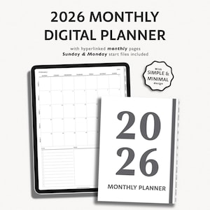 May include: A 2026 digital planner, with a tablet showing a calendar view and a printed planner. The printed planner cover reads "2026 MONTHLY PLANNER" in grey. The tablet displays a monthly calendar layout. The design is described as simple and minimal.