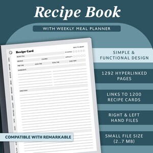 Digitaal receptenboek compatibel met Remarkable 2, E-Ink-kookboek, papierloze sjablonen, herbruikbare maaltijdplanner