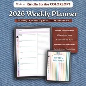 May include: A digital 2026 Weekly Planner for Kindle Scribe, featuring a simple design with 67 hyperlinked pages. Includes monthly and weekly pages, and is a small, fast file. The planner is designed for both right and left-handed users.