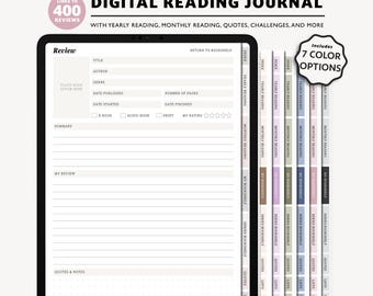 Digital Reading Review Journal for GoodNotes: Book Tracker & Planner (7 Colors) (Hyperlinked PDF Download