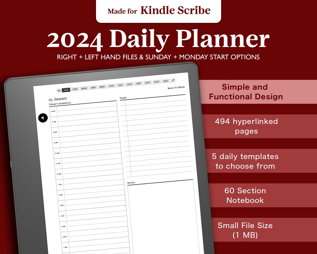 2024 Daily Planner for Kindle Scribe, 2024 E Ink Planner, Simple