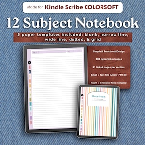 Könnte beinhalten: Ein digitales Notizbuch für Kindle Scribe mit dem Text "12 Subject Notebook". Das Notizbuch enthält 5 Papiervorlagen: leer, schmale Linie, breite Linie, gepunktet und Raster. Das Design ist einfach und funktional mit 386 Hyperlinks.