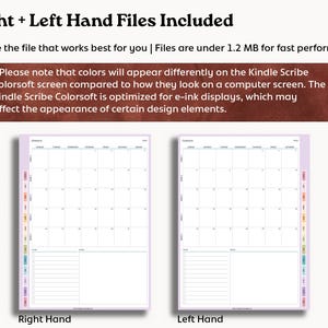 Puede incluir: Dos plantillas de planificador digital, una para la mano derecha y otra para la izquierda, con un dise&ntilde;o de calendario mensual. Las plantillas tienen un fondo blanco con un borde morado y pesta&ntilde;as coloridas. El texto en la parte superior dice "Right + Left Hand Files Included."