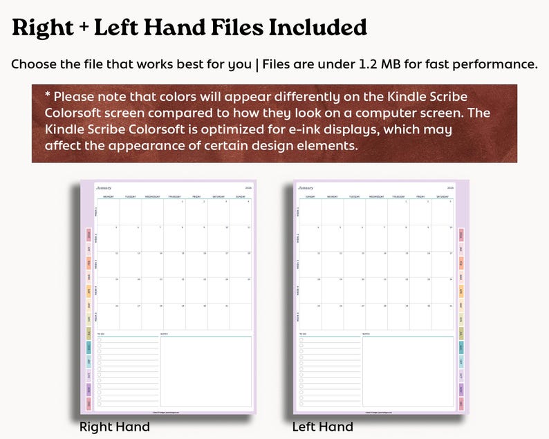 Puede incluir: Dos plantillas de planificador digital, una para la mano derecha y otra para la izquierda, con un dise&ntilde;o de calendario mensual. Las plantillas tienen un fondo blanco con un borde morado y pesta&ntilde;as coloridas. El texto en la parte superior dice "Right + Left Hand Files Included."
