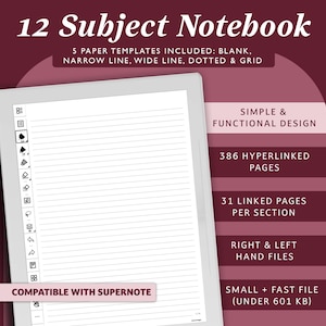 Op de afbeelding: Een wit digitaal notitieboek met een zwart-wit rasterpatroon op de pagina. Het notitieboek is compatibel met Supernote en heeft 386 hyperlinks, 31 gekoppelde pagina's per sectie en bestanden voor rechts- en linkshandigen. Het notitieboek is klein en snel, onder 601 KB.