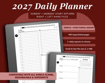 2027 Digital Planner for Kindle Scribe: Minimalist Daily Agenda (PDF Download)