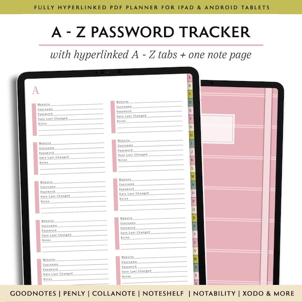 A to Z Digital Password Tracker, Website Log In Organizer, PDF Password Journal, Goodnotes A-Z Tab Password Notebook, Password Log