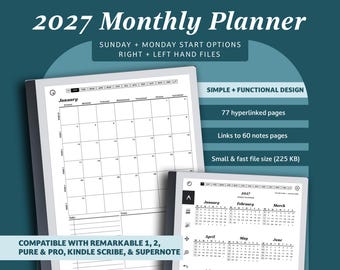 2027 Monthly Planner for reMarkable 2: Hyperlinked Digital Calendar (PDF Download)