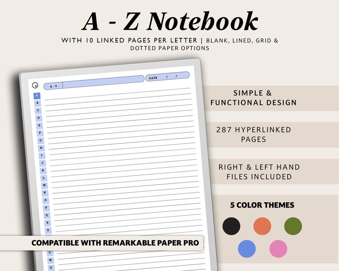 A-Z Hyperlinked Notebook for Remarkable Paper Pro (PDF Template) - Etsy