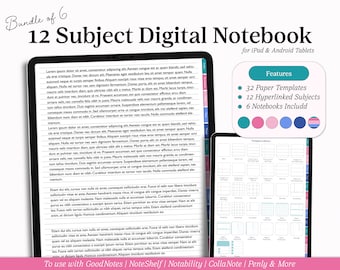 12 Subject Digital Notebook with Tabs, Digital Notebook Bundle, Goodnotes Notebook, Digital Journal, iPad Journal, Notebook Template, Xodo