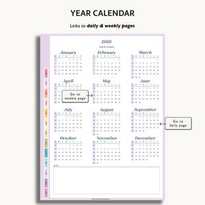 Puede incluir: Un calendario anual para 2026 con enlaces a p&aacute;ginas diarias y semanales. El calendario est&aacute; en un marco morado claro con los meses listados en formato de cuadr&iacute;cula. El texto incluye "CALENDARIO ANUAL" y "Ir a la p&aacute;gina semanal".