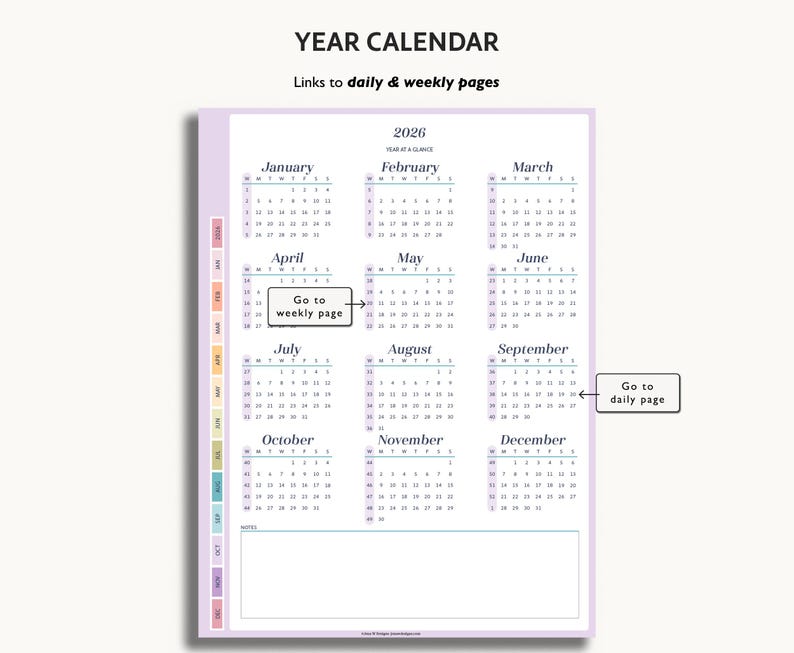 Puede incluir: Un calendario anual para 2026 con enlaces a p&aacute;ginas diarias y semanales. El calendario est&aacute; en un marco morado claro con los meses listados en formato de cuadr&iacute;cula. El texto incluye "CALENDARIO ANUAL" y "Ir a la p&aacute;gina semanal".