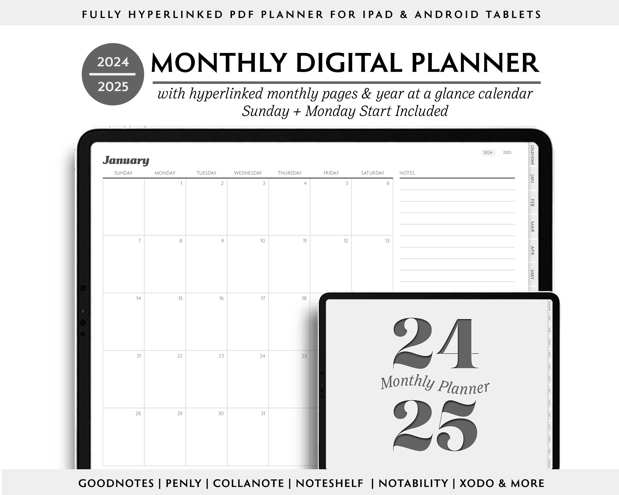 2024 2025 Minimalist Digital Planner, Two Year Monthly Digital Agenda, Goodnotes Planner, Simple
