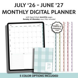 May include: A digital planner for July 2026 through June 2027 featuring hyperlinked monthly pages with Sunday and Monday start options. The display shows a monthly calendar grid, a light blue plaid cover, and five color-coded tabbed sidebars.