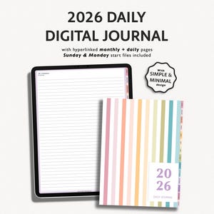 Puede incluir: Un diario digital para 2026 con un diseño simple y minimalista. La imagen muestra una tableta que muestra páginas rayadas y un diario con rayas verticales de colores. El diario incluye páginas mensuales y diarias con hipervínculos, con archivos de inicio de domingo y lunes.