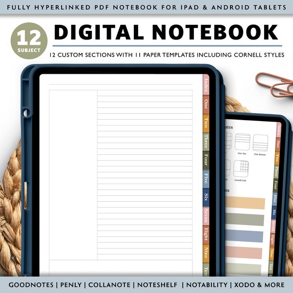 12 Subject Digital Notebook with Hyperlink Tabs, Goodnotes PDF Notebook, iPad Notebook for Students, Digital Journal, Cornell Template, Boho